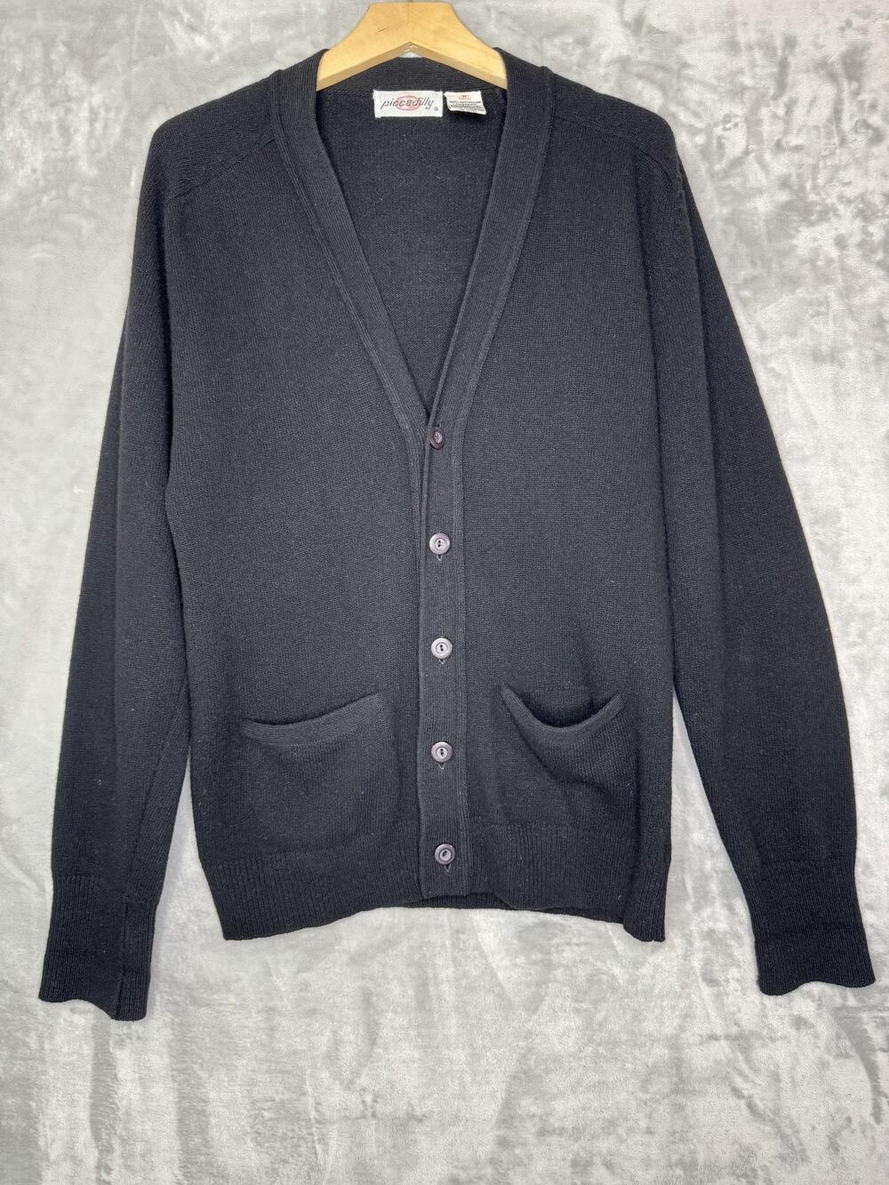 Vintage Piccadilly Cardigan Sweater Mens MT Tall Black Lambswool V Neck Pockets
